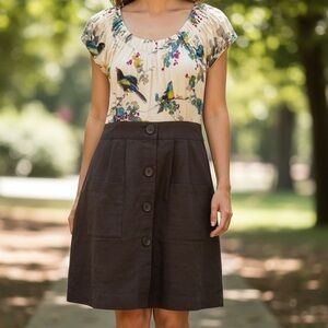 Tabitha Cream Bird-Print Cap Sleeve Midi Dress with Dark Brown Skirt